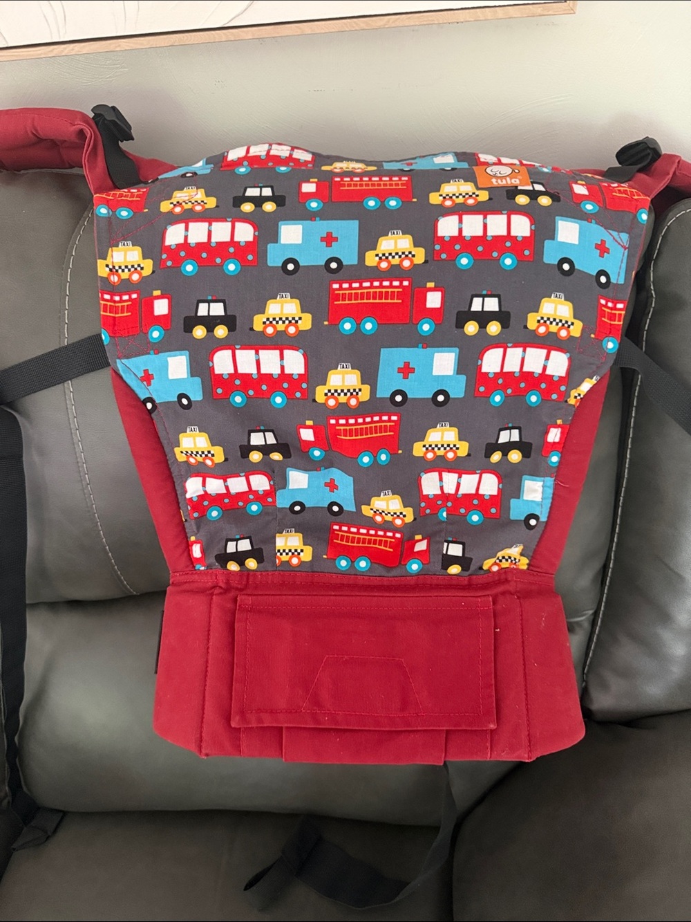 Tula Kids Carrier in Red with Multicolor Vehicle Print